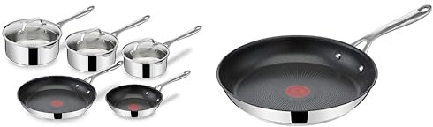 Tefal Jamie Olivers Cook's Direct Inox Batterie de cuisine 8 pcs & Jamie Oliver Cook's Direct Inox Poêle 24 cm, Induction, Revêtement antiadhésif, Indicateur de cuisson, Poignée sûre rivetée