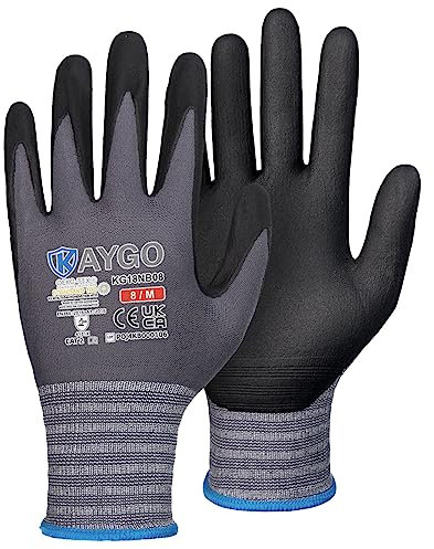 KAYGO 3 paires de gants de travail, enduits de nitrile antidérapants et résistants à l'abrasion en nylon tricoté sans couture pour atelier de montage de voiture (Noir, M, taille 8)
