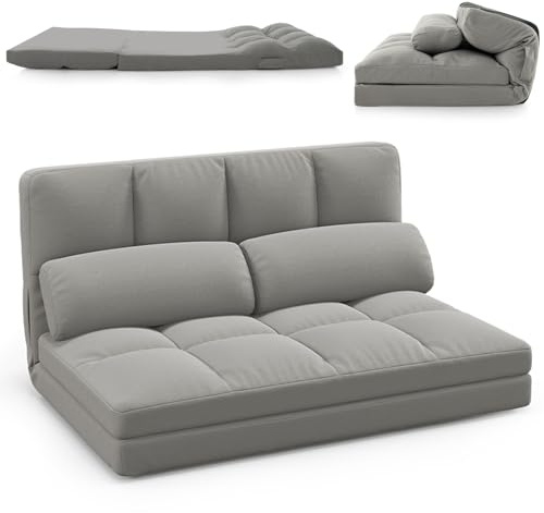 COSTWAY Klappbares Bodensofa, 3 in 1 Schlafsofa mit Schlaffunktion und Verstellbarer Rückenlehne, Sofabett mit 2 Kissen, Klappsofa für Wohnzimmer und Schlafzimmer (Hellgrau)