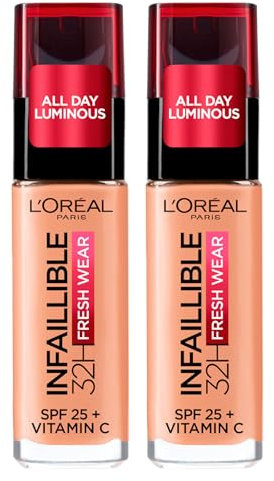L'Oréal Paris Infaillible flüssiges Make-up, 32 Stunden, Fresh Wear, SPF 25, wasserdicht, atmungsaktiv, deckend, feuchtigkeitsspendend, langer Halt, leichte Formel mit Vitamin C, Farbe 220 Sable Sand