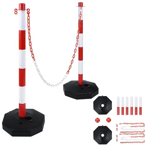 LILIIN Absperrpfosten Kettenpfosten Absperrung aus Kunststoff, Sperrpfosten mit 1,4 m Absperrketten & Standfuß, Rot und Weiß, 82 x 28 x 28 cm, 2 Stück