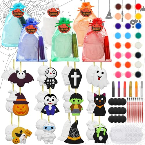 Seenelling 24 Sets Halloween Ceramics to Paint Halloween Paint Your Own Figurines Halloween Plaster Figurines with Magnet Brushes Palette Hanging Pumpkin Tags Organza Bag Painting Kit for Party Favors