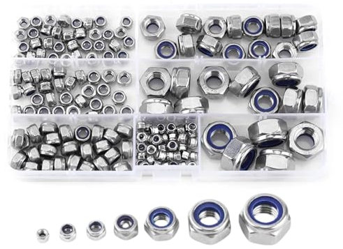 165-teiliges metrisches Sicherungsmutter-Sortiment-Set aus Edelstahl, SS304-Sicherungsmutter-Sortiment mit Nyloneinsatz für Sicherungsscheiben, M3 M4 M5 M6 M8 M10 M12