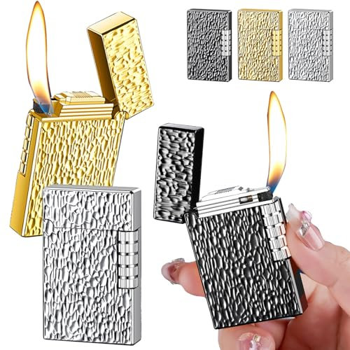 Accendino tradizionale a 3 pezzi, accendino a gas ricaricabile a butano, accendini gonfiabili classici con coperchio a ribalta, accensione verticale con ruota laterale in metallo e fiamma regolabile (