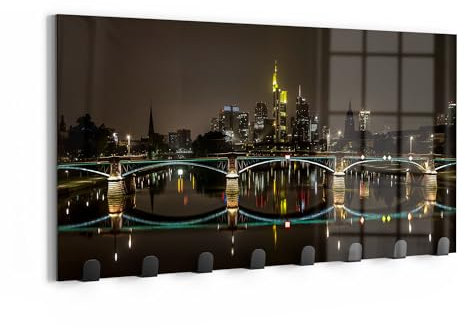 DEQORI Wandgarderobe Glas & Metall | Motiv Frankfurt bei Nacht | 60x30 cm | Design Haken-Leiste modern | Garderoben-Paneel für Flur, Wohnzimmer & Schlafzimmer | magnetisch & beschreibbar