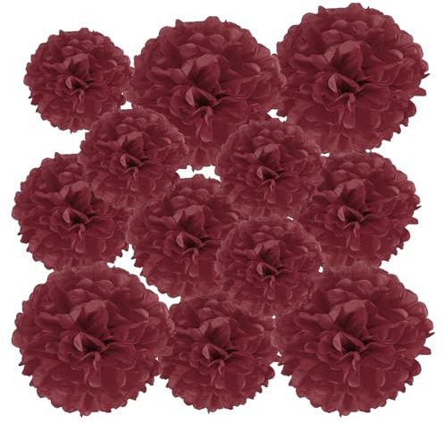 PATIKIL 12 Stück 10/15/20 cm Pom Poms Papier Blumen, Papierblumen Hochzeitsdeko Seidenpapier für Hochzeit Brautdusche Geburtstagsparty Hintergrund Dekoration, Dunkelrot