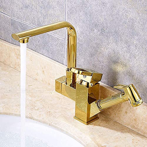 Antique Plating Golden Kitchen Faucet Pull Out Spray Mixer Taps Deck Mounted Single Lever 2