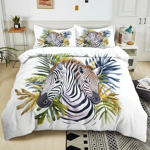 Parure de lit Adulte 2 Personnes 140x200 cm Plante zèbre Aquarelle Sets de Housse de Couette Polycoton Ensemble Literie Linge de Lit avec Fermeture éclair et 2 Taies d'oreiller