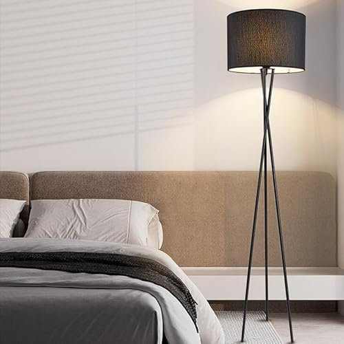 Lampadaire Trépied Lampe Sur Pied Du Milieu Du Siècle Avec Abat-jour Tambour En Tissu Design Minimaliste Moderne Lampe Industrielle Haute De 63 Pouces Pour Chambre à Coucher, Salle à Manger(Black)