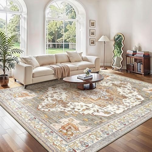 GENIMO Orientalischer Vintage Teppich Ziegelrot, Waschbar, 200x290 cm | Ornamentales Vintage-Medaillon in Ziegelrot, waschbar, pflegeleicht und rutschhemmend – für große Wohnbereiche.