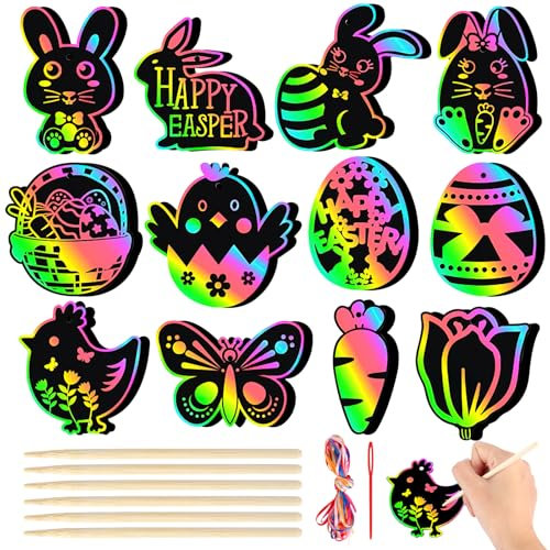 24 Stück Ostern Kratzbilder, Ostereier Hasen Kratzbilder, Regenbogen Kratzpapier, Scratch Painting mit Holzstäbchen und Band für Party, Geschenk Deko, DIY Handwerk
