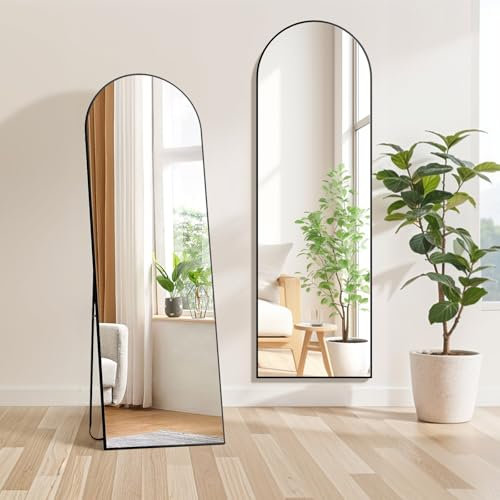 Warmiehomy Bogen Ganzkörperspiegel 165x55cm, Gewölbter Standspiegel mit Schwarz Metallrahmen, Bodenspiegel mit Ständer, Wandspiegel zum Aufhängen, Spiegel für Schlafzimmer Bad Wohnzimmer Garderobe