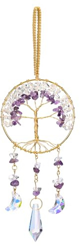 CrystalTears Crystal Tree Life Hanging Ornament Handmade Amethyst Clear Quart Healing Crystal Gemstone Glass Suncatcher for Home Window Wall Decoration Crystals Gifts for Women Men Friends