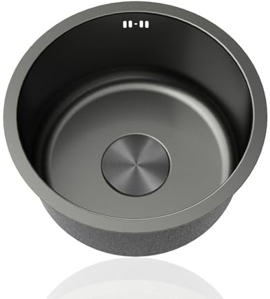 Lavello Cucina 1 Vasca Nero,Lavandino Piccolo,Lavelli da Cucina Acciaio Inox,Lavabo Rotondo con Set Di Drenaggio,Installazione Appoggio o Sottopiano (Ø 42cm)