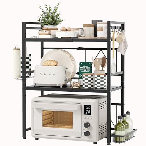 NETEL 3 Tier Expandable Microwave Shelf Rack, Microwave Stand Countertop | Over Microwave Shelf Unit with Roll Holder and wire Basket, Adjustable Partition Height, Kitchen Shelves 25 kg max load/Tier