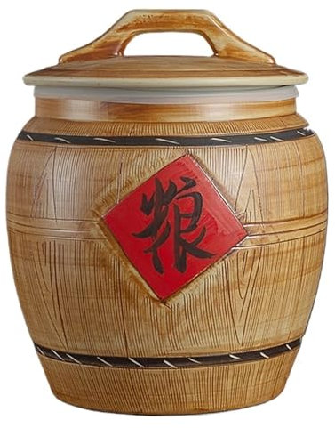 DUBTEDHOU Ceramic Rice Dispenser,Rice Cylinder with Lid, Large Rice Storage Container with Lid Rice Bucket Ceramic Grain Storage Bin Storage Containers Chinese Design Rice Dispenser(25KG)