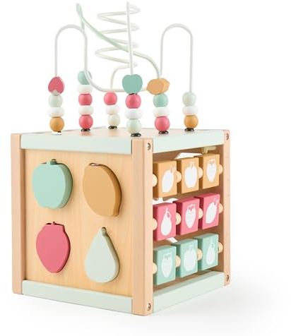 Bieco Berry - Cubo motorio in legno sostenibile FSC®, giocattolo per bambini, a partire da 1 anno, cubo di attività Montessori
