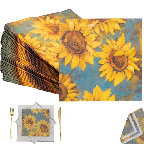 40 Stück Sonnenblume Servietten, Serviette Gelb, Papierservietten Sonnenblume, Servietten Eukalyptus, Vintage Napkins, für Geburtstag Hochzeit Party Tisch Dekoration Deko Einschulung