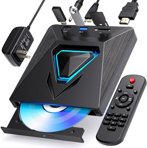 aelrsoch 6-in-1 External Mini CD/DVD Drive HDMI, Small Compact DVD Player for Smart TV with All Region Free, DVD CD Drive with AV Output, USB/TF Card Input, Remote Control, Support PAL/NTSC