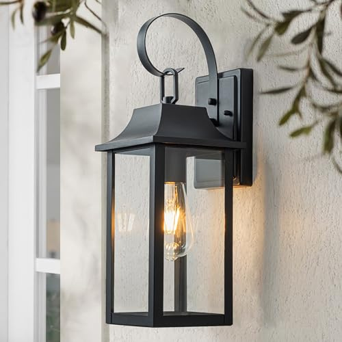 FTL Outdoor Wall Lantern Lights, Large Matte Black Outside Porch Light, E27 Exterior Wall Light Fixture with Clear Glass, IP44 Waterproof Front Door Lighting, Patio Wall Sconces for Garden, Entryway