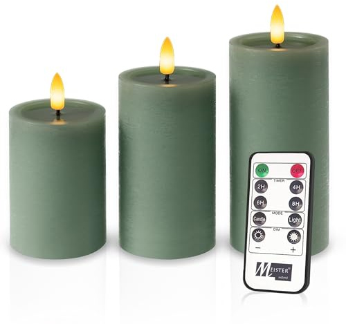Meisterhome® LED-Kerzen 3er-Set Grün – Flammenlos - mit flackernder Flamme – Rustik Design – Stumpenkerzen mit Fernbedienung & Timer – Batteriebetrieben – Warmweiß – Ø7.5 x 10/12,5/15 cm Hoch