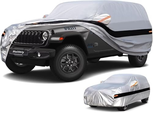 Holthly 10 Layers Car Cover Custom Fit for Jeep Wrangler 4Door 4dr, Waterproof All Weather for Automobiles, Outdoor Full Cover Sun Dust Rain Protection with Cotton. Silver