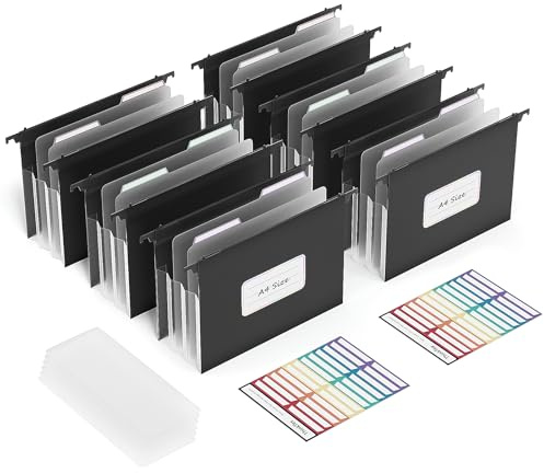 ThinkTex 6er Pack Hängemappen A4 Stabil, 12cm Breit Erweiterbare Hängeregister mit Versenkbaren Haken, Große Kapazität Hängeordner (Schwarz)