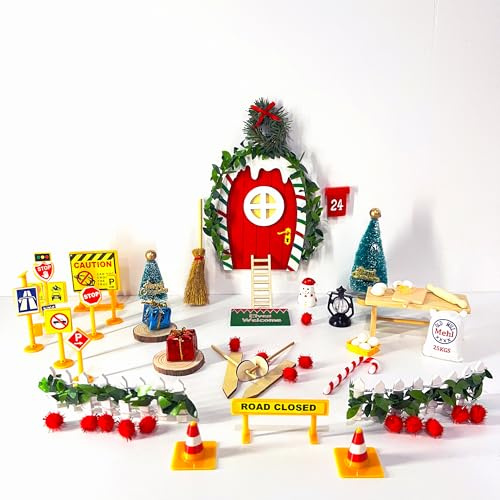 MhyzorMhz Wichtel Zubehör, Wichtel Set Weihnachten Komplett, 45 Stück Wichteltür, Miniatur Baustelle, Briefkästen, Kranz, Wichtel Backset, Weihnachtswichtel Weihnachtsbaum Zaun für Kinder(Rot)