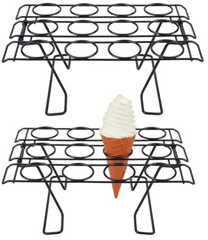 MAYJOYDIY 2Pcs 12 Holes Cupcake Cones Baking Rack Waffle Cone Baking Holder Iron Ice Cream Cone Rack Stand Cupcakes Pastry Tray for Home Kitchen Cooling Displaying Serving Treats (Black)