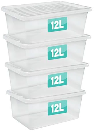 Optimal Products 4 x 12 Litre Storage Boxes With Lids Set of 4, Clear Multipurpose Nestable Stackable Plastic Storage Box With Lid Clear Containers For Home, Kitchen, Garage, Office, Accessories