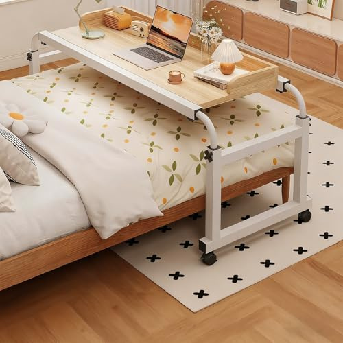 ZYZSY Über-Betttisch Auf Rollen, Verstellbare HöHe Und Breite Über Dem Bett, Mobiler Schreibtisch Pflegetisch Laptoptisch für Tägliche Entspannungsarbeit(White 2,140cm/55in)