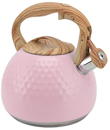 Cerlyiont Tea Kettle, 3.1Quart 3L Loud Whistling Kettle, with Wood Pattern Handle, Loud Whistle Food Grade Stainless Steel Teapot, Anti Hot Handle for All Heat Sources (Pink)