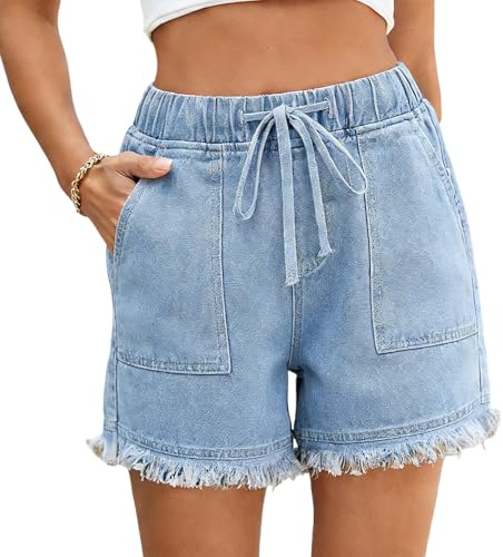 ADUDVLO Womens Jean Shorts Frayed Raw Hem Lightweight Casual Baggy Trendy Hot Pants Elastic Waist Drawstring Comfy Shorts (UK, Alpha, XL, Regular, Regular, Light Blue)