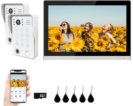 Wire Video Door Intercom System HD 1080P Family Home,10 Inch Monitor Video Doorbell Intercom,Support 5 in 1 Unlocking,Ideal for Apartments, Villas & Homes (2 white bell+1 silvery monitor)