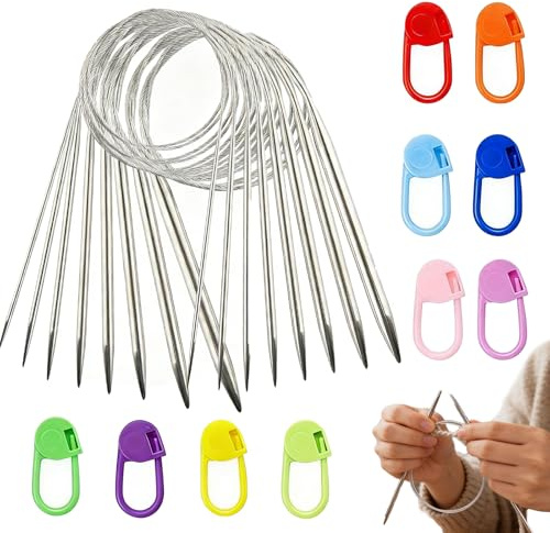 11 Pcs Circular Knitting Needles, 80CM Circular Needles 2.0mm-8.0mm | Stainless Steel Round Knitting Needles with Colored Marker Pins for Knitting Sweaters, Scarves, Hats and Home DIY Projects