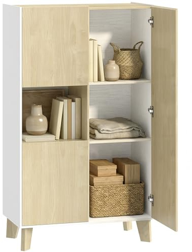 HOMCOM Credenza Cucina, Mobile Cucina a 6 Scomparti, Credenza Buffet con Ante a Chiusura Ammortizzata per Soggiorno, Salotto, Sala da Pranzo, Bianco e Color Legno