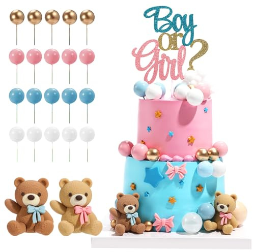 Set de 23 Topper Pastel Gender Reveal, Decoración Revelación Género Bebé con Ositos, Bolas y Letreros, Perfecto para Baby Shower,Fiesta “Boy or Girl” y Fiesta de Cumpleaños