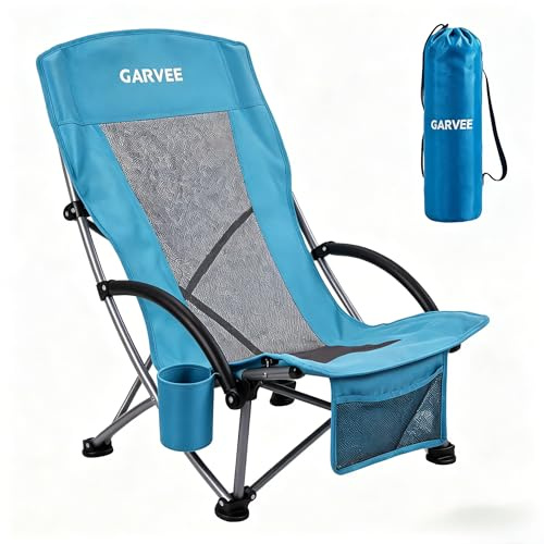 Garvee Strandstuhl Klappbar Leicht, Campingstuhl Faltbar mit Tragetasche, Atmungsaktive Netzrückenlehne, Belastbar bis 150 kg, Niedrige Faltstuhl mit Getränkehalter & Fronttasche für Strand, Garten