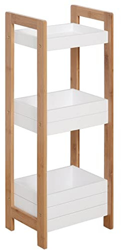 HOMCOM Badregal Korbregal aus Bambus Standregal Badezimmer Regal 3 Staufächer Weiß