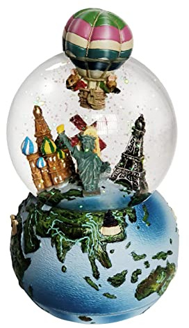 Snow Globe Valentine's Day with Music for Kids Boys Girls Women Adults Unique Gift 3D Hot Air Balloon Snowglobes Around The World Travel Rotating Christmas Music Box Decorations