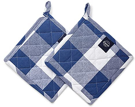 Encasa XO 21 cm Oven Microwave Potholders (2 pc Set) for Kitchen Cooking & Baking - Heat Resistant, Thick & Safe, Protection of Hands from Hot Utensils - Buffalo Blue Checks