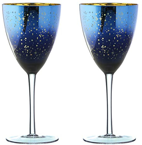 ARTLAND - Set of 2 Galaxy Wine Glasses - Space Inspired Wine Glasses - Mouth Blown Glassware - Galaxy Blue and Gold