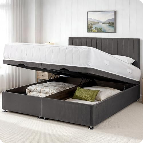 Comfy Deluxe LTD Apollo Ottoman Bed Base - 4FT Small Double, Grey | Plush Velvet Divan Storage Bed Frame with 26 Inch Headboard | Gas Lift Foot-End Opening | No Mattress Included | UK Made