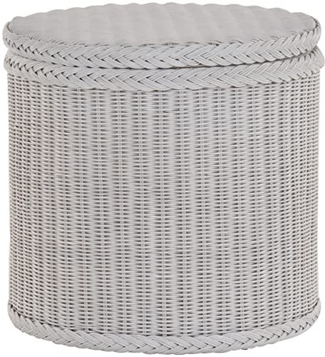 Rattan Wäschekorb Wäschetruhe mit stabilem Deckel Rund Wäschebox (Weiss)
