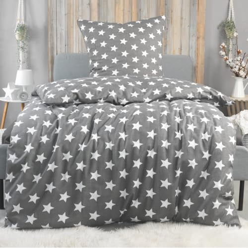 BaSaTex Biber Flanell Bettwäsche, 155x220 + 80x80 cm, Sterne Grau | 100% Baumwolle, Biber Flanell Qualität, Weich, Wärmend, Reißverschluss, Öko_Tex Standard