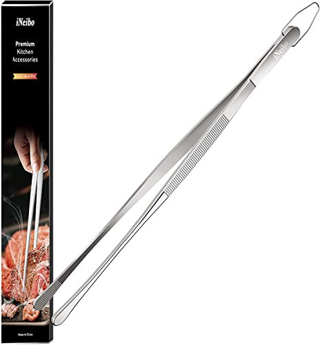 iNeibo Grillzange Edelstahl Kochpinzette Küchenzange Premium Qualität Zange Küche Pinzette Lang Verwendbar als Pinzette Küche Grillpinzette Fleischzange Küchenpinzette 30 cm Rund