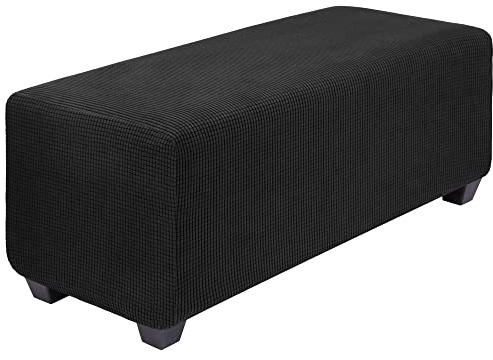 PiccoCasa High Stretch Ottoman Cover with Elastic Bottom, Soft Slipcover Jacquard Fabric Small Checks Rectangle Storage Stool Cover Furniture Covers Black X-Large