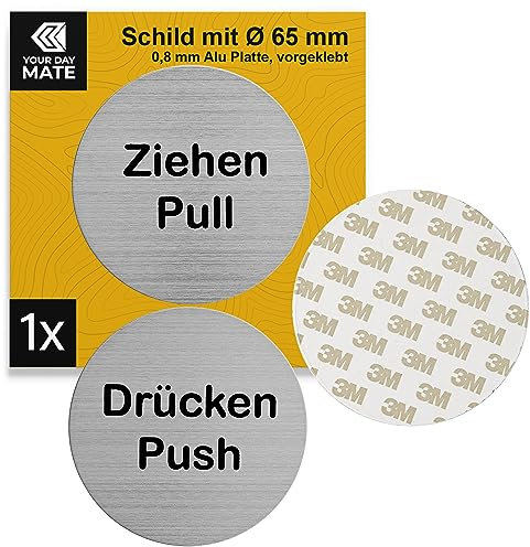 Hinweisschild Drücken Ziehen Push Pull, 1 Paar, Ø 65 mm, Design 1, 1,5 mm starkes Alu Schild, Schild zum Kleben, Türschild für Innen- und Außenbereich, Glastürschild selbstklebend, Push Pull Sign