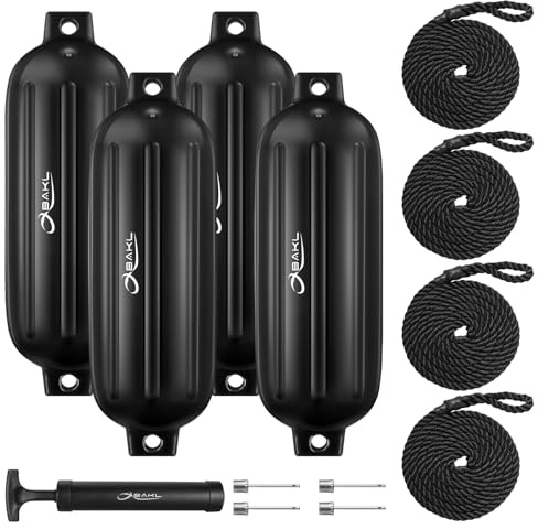OBAKL Boat Fenders 4 Pack 8.5 x 27 Inches Ribbed Twin Eyes Boat Fenders Bumpers for Docking, Comes with Ropes and Pump to Inflate(Black)