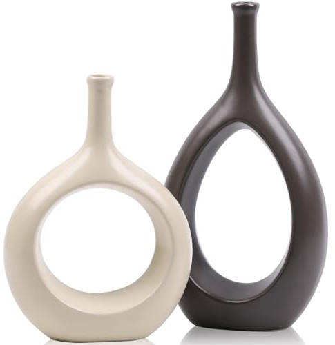 Vaso bianco marrone in ceramica bianco sporco vasi decorazione per la casa, cerchio minimalista moderno con foro vaso decorativo, vasi da fiori a ellisse cava per libreria, caminetto, centrotavola